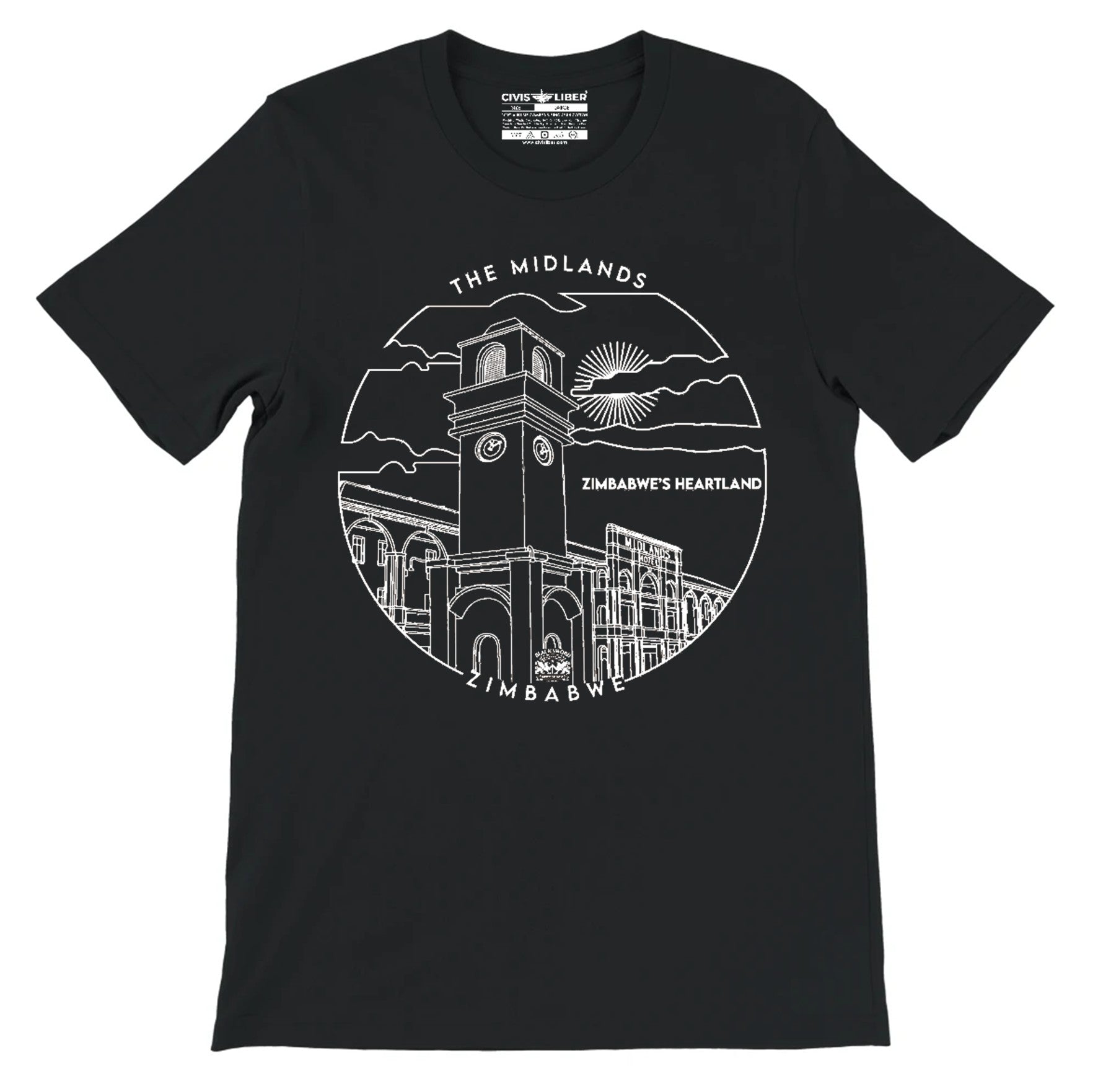 Black t-shirt with white graphic design on a white background